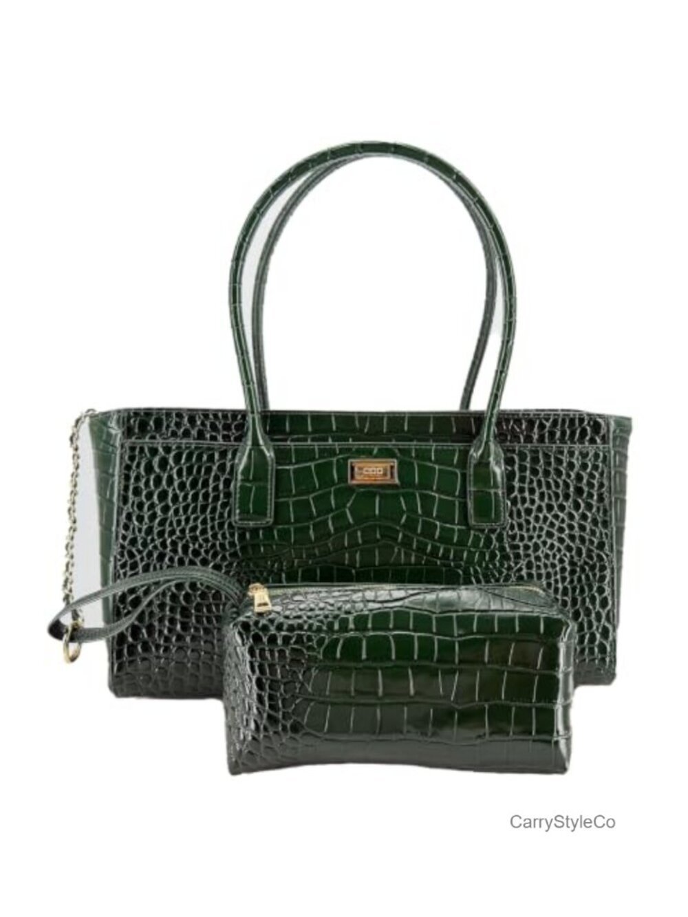 Genuine Leather Croc Embossed Tote Bag with Matching Pouch